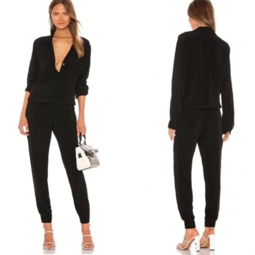 Monrow Crepe Jumpsuit Womens Small Black‎ Long Sleeve Button Front Classic
